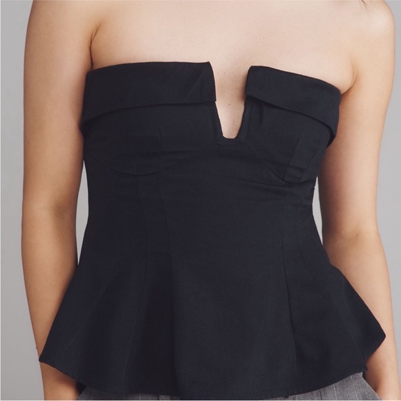 Maeve Anthropologie Black Strapless Plunge Peplum Top Size 4 - Picture 3 of 12